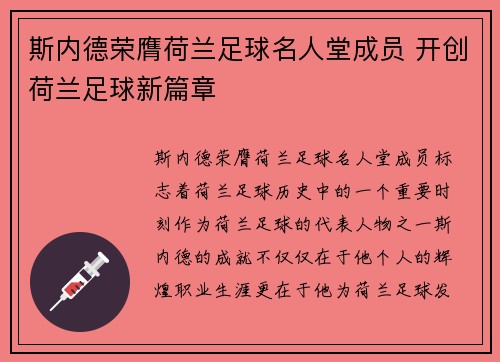 斯内德荣膺荷兰足球名人堂成员 开创荷兰足球新篇章 斯内德荣膺荷兰足球名人堂成员 开创荷兰足球新篇章
