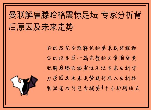 曼联解雇滕哈格震惊足坛 专家分析背后原因及未来走势 曼联解雇滕哈格震惊足坛 专家分析背后原因及未来走势